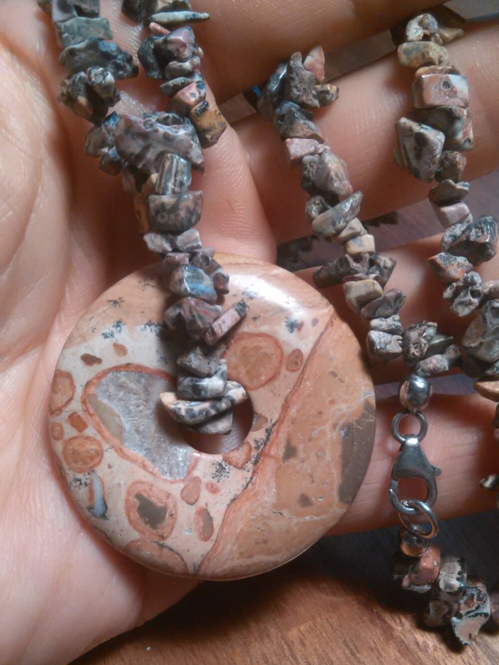 Jasper and Rhodonite Gemstone Chips Sterling Silver Necklace (20 Inch)